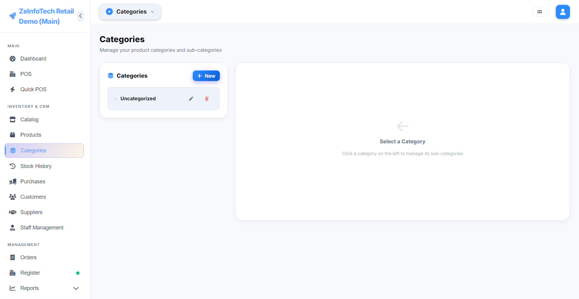 Categories screen