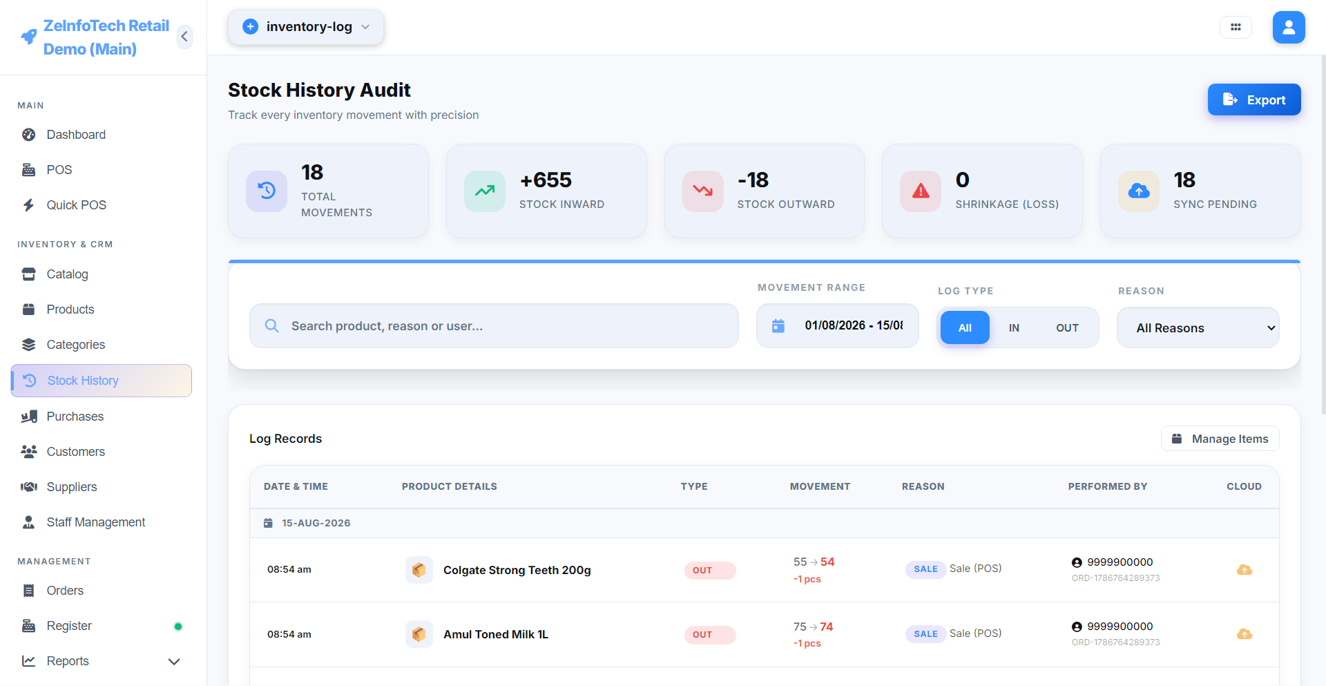 Inventory Audit Log screen