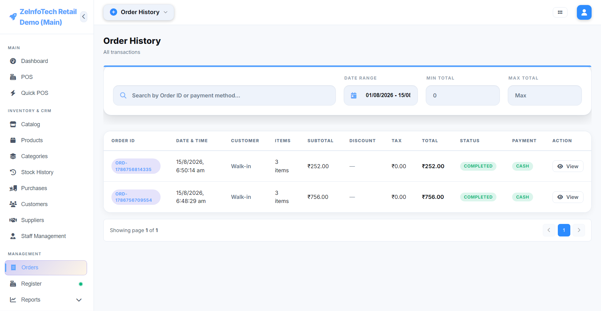 ZeInfoTech POS Order History — completed orders with totals and payment method
