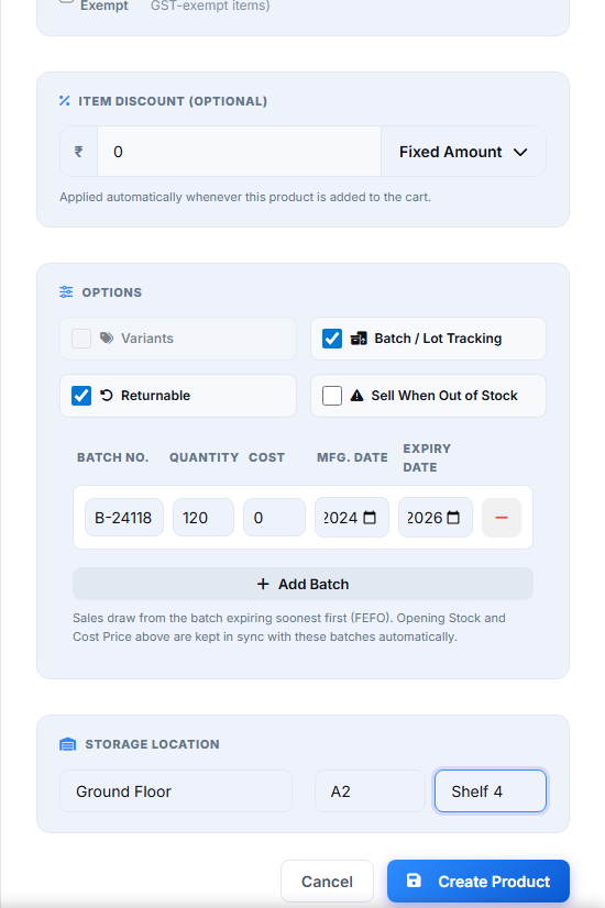 ZeInfoTech POS product form showing Batch/Lot Tracking with expiry dates and Floor/Row/Rack shelf location