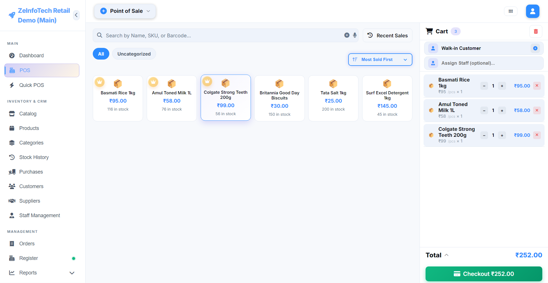 ZeInfoTech POS billing screen — product grid on the left, live cart with GST-ready totals on the right