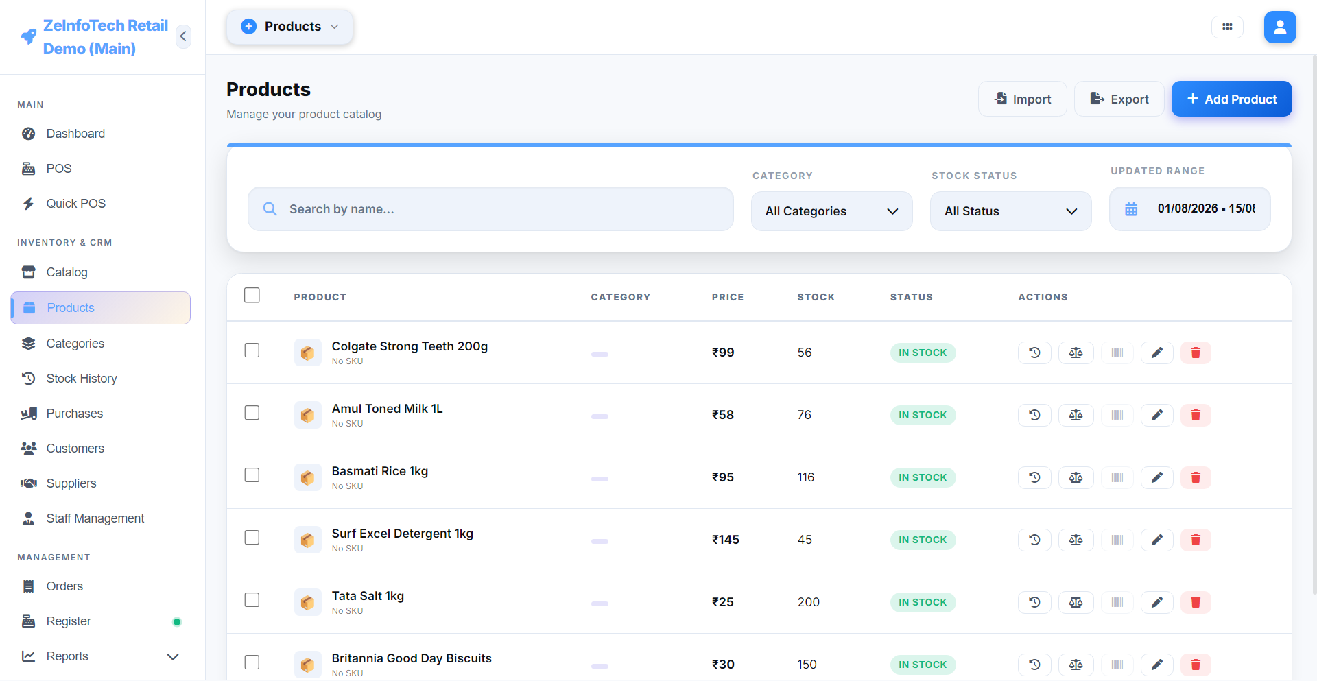 ZeInfoTech POS Products catalog — pricing and live stock levels