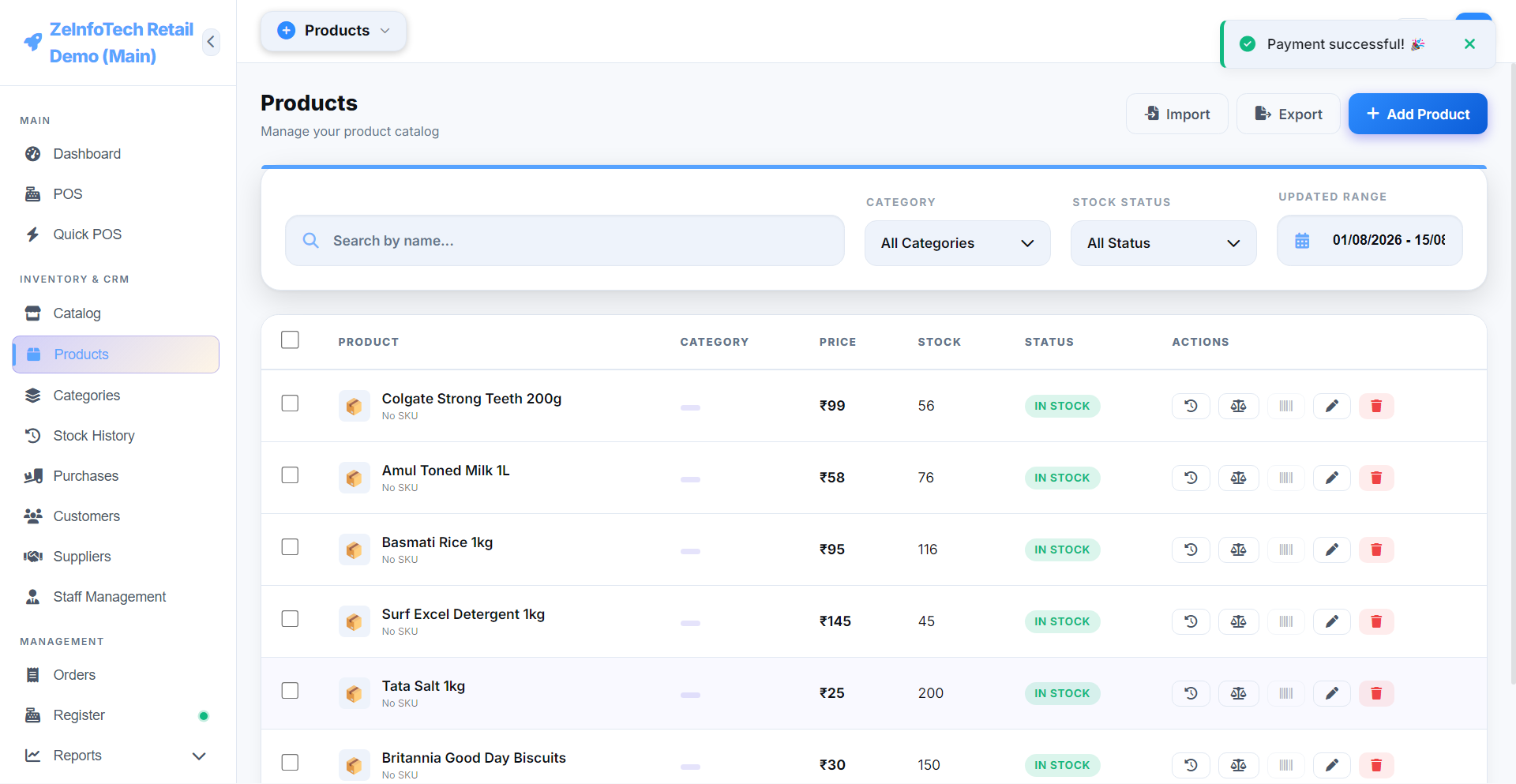 ZeInfoTech POS Purchases screen — supplier orders and receiving status