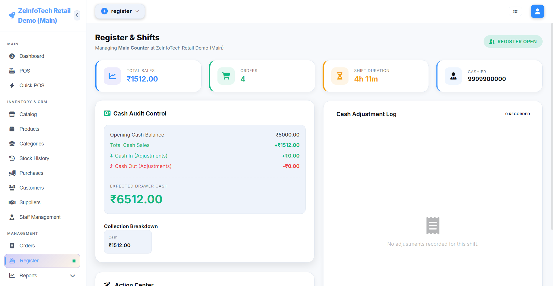 Register and Shifts screen